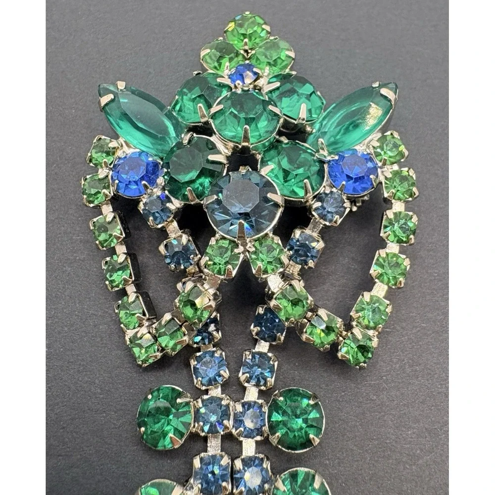 Vintage‎ Blue & Green Crystal Dangle Tassel Brooch Silver Tone Art Deco Style